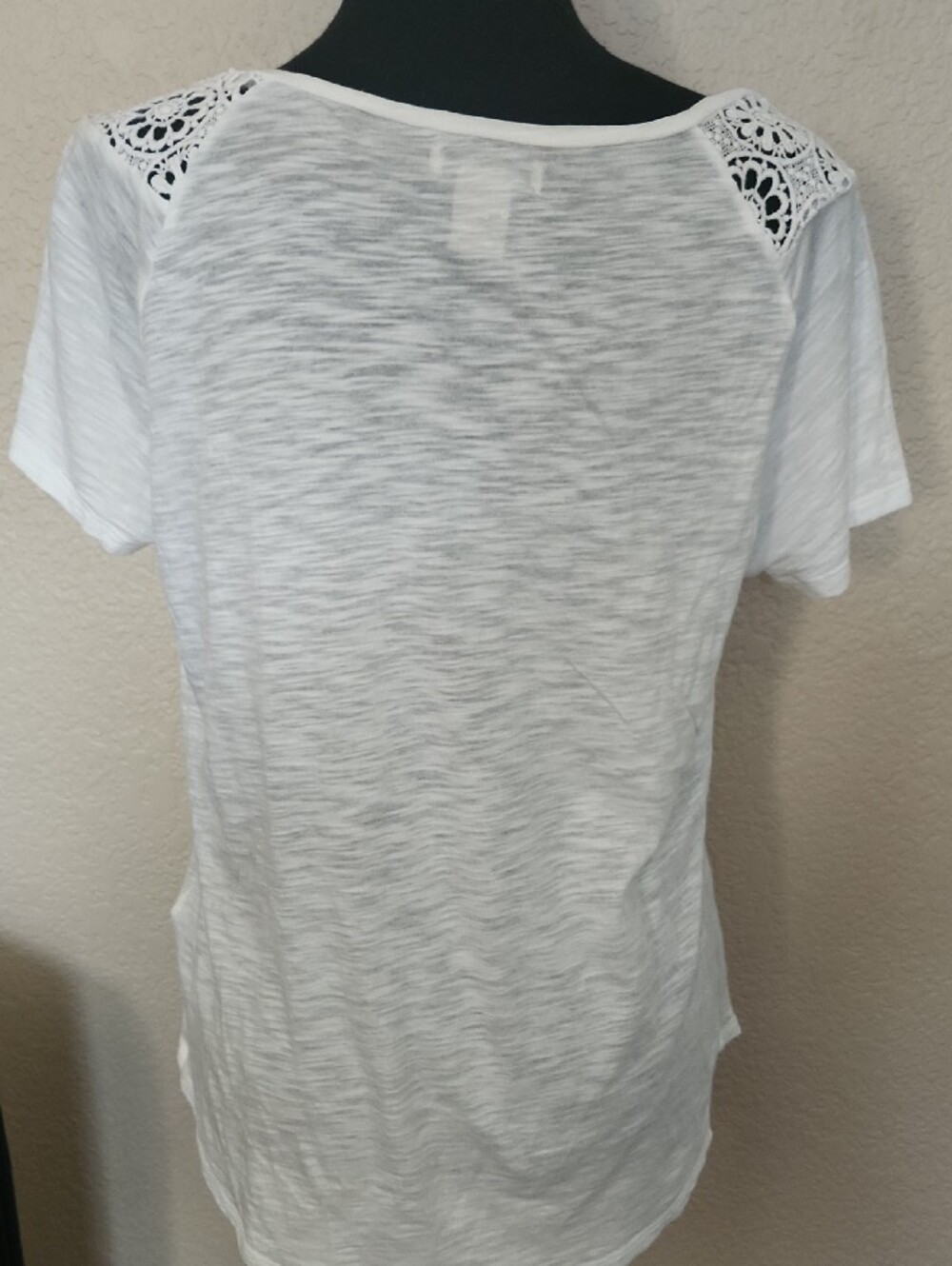 Lucky Brand White V-Neck Short Sleeve Tee with Lace Shoulder Insets - Picture 5 of 5